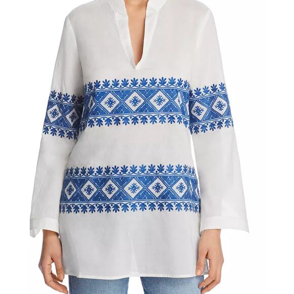 Tory Burch Stephanie Embroidered Coverup Tunic Top Ivory blue L - Picture 3 of 9